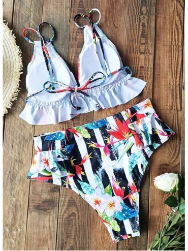 Sets Women High Waisted Swimsuit Ruffle V Neck Bikini Two Pieces Swimwear - Print 17 - CT19DE0220I $23.75