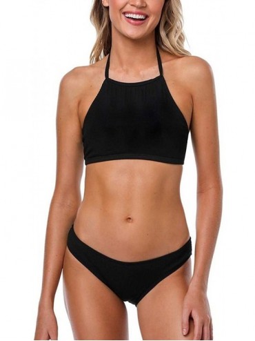 Sets Women's Halter High Neck Halter Bikini Set Swimsuit Bathing Suit - Black - CG1963AX89H $36.08