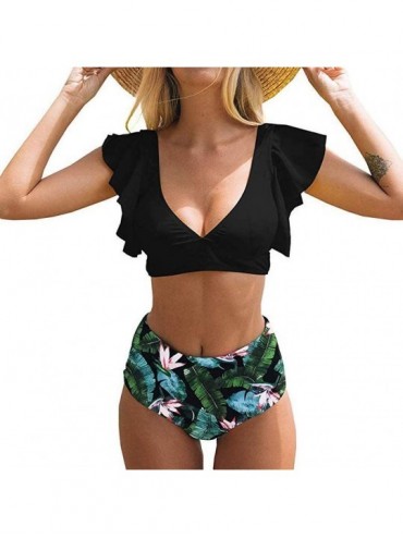Sets Women's Ruffle High Waist Swimsuit Two Pieces Push Up Tropical Print Bikini Tummy Control Swimsuit - Light Green - C1194...