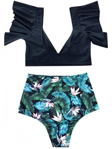 Sets Women's Ruffle High Waist Swimsuit Two Pieces Push Up Tropical Print Bikini Tummy Control Swimsuit - Light Green - C1194...