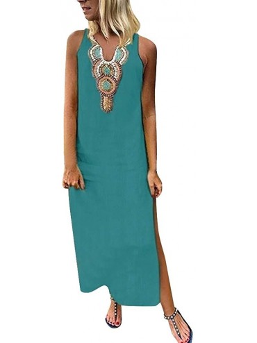 One-Pieces Women Sleeveless V-Neck Printed Maxi Dress Vestido Split Hem Baggy Kaftan Long Dress - A-green - CC18S8S47TC $39.39