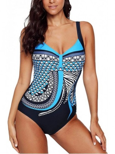 One-Pieces Womens Multi Colored Tribal V Neck Print One Piece Swimsuit Pleated Swimwear - Blue - C518RL5KMDA $34.71