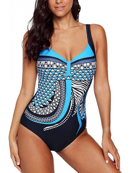 One-Pieces Womens Multi Colored Tribal V Neck Print One Piece Swimsuit Pleated Swimwear - Blue - C518RL5KMDA $18.76