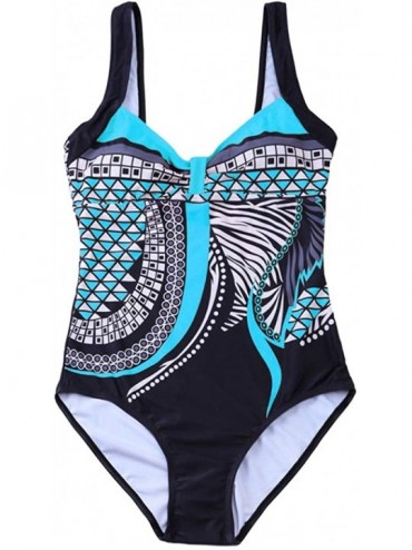 One-Pieces Womens Multi Colored Tribal V Neck Print One Piece Swimsuit Pleated Swimwear - Blue - C518RL5KMDA $18.76