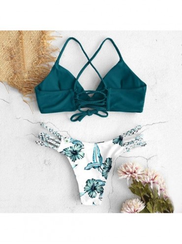 One-Pieces Swimsuits for Women Bikini High Waist-Women's Lace-up Floral Leaf High Waisted Tummy Control Two Piece Tankini Swi...