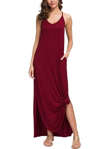 Cover-Ups Women's Summer Casual Loose Pocket Long Beach Cover Up Dress Sleeveless Strappy Split Maxi Dresses - Wine - CH19DST...