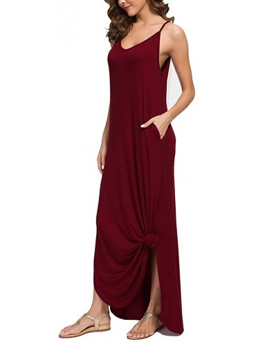 Cover-Ups Women's Summer Casual Loose Pocket Long Beach Cover Up Dress Sleeveless Strappy Split Maxi Dresses - Wine - CH19DST...