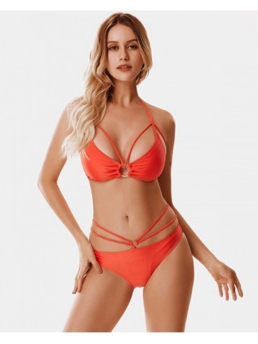 Sets Women's Off Shoulder High Waisted Bikini Set Knitting Braid Hollow Out 2 Pieces Swimsuit - Orange - CP1905TR83H $10.71
