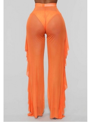 Cover-Ups Women Sexy Perspective Mesh Sheer Swim Shorts Pants Bikini Bottom Cover up Ruffle Clubwear Pants - Orange - CL18RKZ...