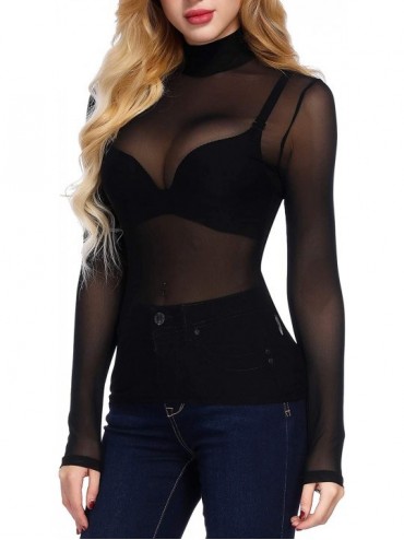 Cover-Ups Women's Mesh Tops Long Sleeve Sheer Blouse Sexy Shirt High Neck Clubwear - Black - CK18HSO8U2U $11.65