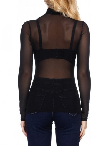 Cover-Ups Women's Mesh Tops Long Sleeve Sheer Blouse Sexy Shirt High Neck Clubwear - Black - CK18HSO8U2U $11.65