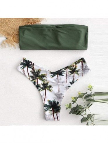 Sets Women's High Cut Bandeau Bikini Set Strapless Solid Color Top Leaf Print Thong Bathing Suit Swimsuit - Green - CG199GQ8M...