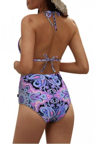 Sets Women's High Waist Two Pieces Bikini Set Padded Stripe Tassel Swimsuit - D-floral - C718SEL93K5 $22.54
