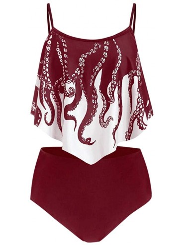 Sets Women Push-Up Two Pieces High Waisted Swimsuits Overlay Octopus Print Ruffled Crisscross Tankini Bikini Set Swimwear - A...