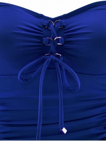 One-Pieces Women's Vintage Lace Up One Piece Swimsuits Monikini Tummy Control Swimwear - Royal Blue - CW18GY7ISGA $26.36