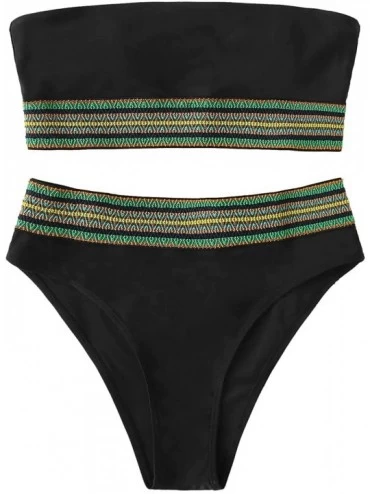 Sets Women's Bathing Suits Striped Bandeau Bikini high Waisted Swimsuits Swimwear Set - Black - C918NN2LAX9 $41.40