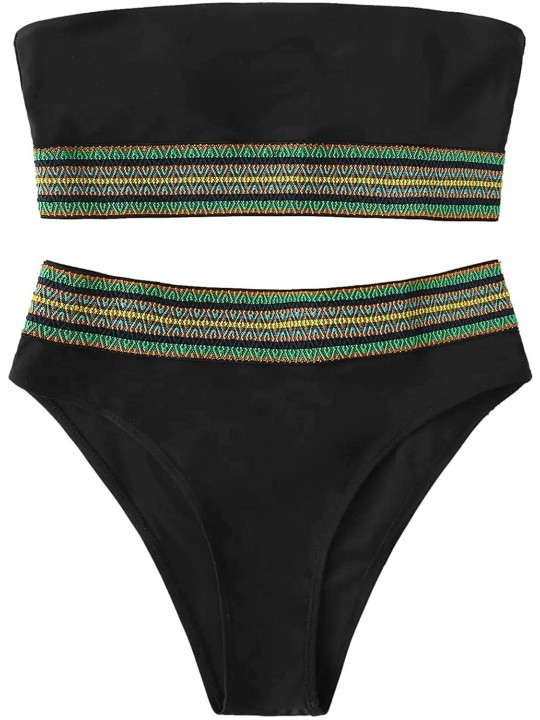 Sets Women's Bathing Suits Striped Bandeau Bikini high Waisted Swimsuits Swimwear Set - Black - C918NN2LAX9 $19.35