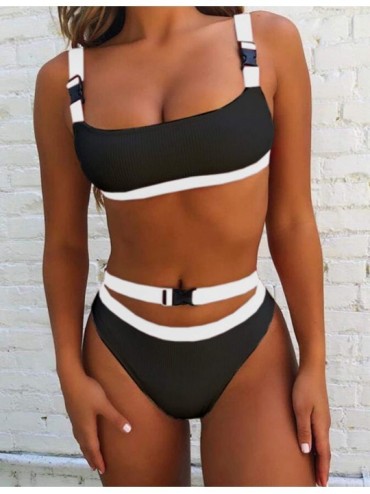 Sets Womens Solid Color Two Pieces Cut Out Bikini Sets Push up Buckled Strappy High Waist Thong Swimsuit Swimwear - Black Whi...