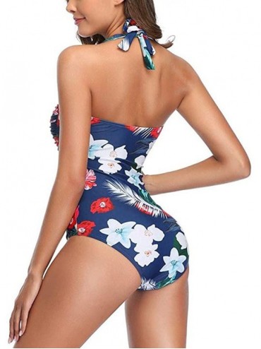 One-Pieces Womens One Piece Swimsuits Tummy Control Halter Swimwear Padded Bathing Suit Flowers Vintage Bikini - White - CM19...