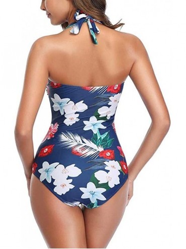 One-Pieces Womens One Piece Swimsuits Tummy Control Halter Swimwear Padded Bathing Suit Flowers Vintage Bikini - White - CM19...