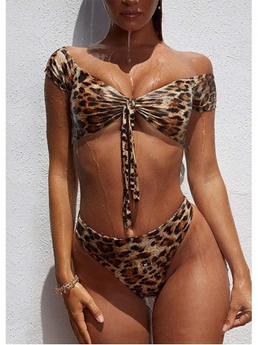 Sets Women's Two Pieces Leopard Print Knot Front Crop Off Shoulder High Cut Bandeau Bikini Sets Beach Bathing Suit Yellow - C...