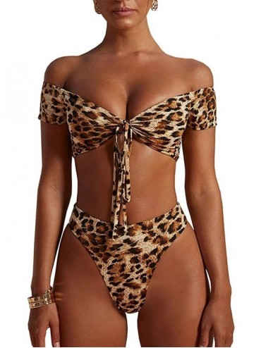 Sets Women's Two Pieces Leopard Print Knot Front Crop Off Shoulder High Cut Bandeau Bikini Sets Beach Bathing Suit Yellow - C...