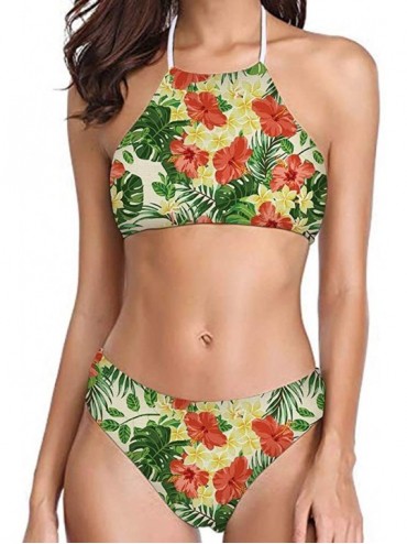 Sets Women Bikini Sets Hawaiian Halter Swimsuits for Teen Girls 2 Piece Beachwear XS-XXL - Hibiscus a - C5194HHR393 $24.46