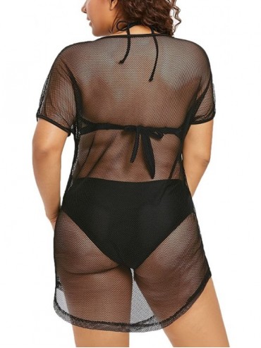 Cover-Ups Women's Beach Cover Ups Short Sleeve See Through Sheer Mesh T Shirt Dress - Black - CK18R7M74SC $15.32