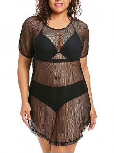 Cover-Ups Women's Beach Cover Ups Short Sleeve See Through Sheer Mesh T Shirt Dress - Black - CK18R7M74SC $15.32