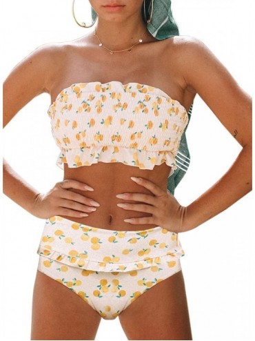 Sets Women Printed Strapless Shirred Smocked High Cut Bandeau Two Pieces Bikini Set Swimsuit(S-XL) - X-white - C818SGKHIU7 $2...