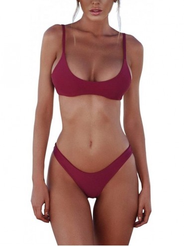 Sets Women's Solid Color Triangle Bikini Thong Bottom Brazilian Cheeky Bikini Set Two Piece Swimsuits - Burgundy - C3199HQ7SH...