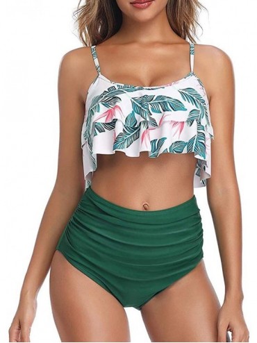 Rash Guards Swimsuit for Women Two Pieces Top Ruffled Backless Racerback with High Waisted Bottom Tankini Set - E-green - CD1...