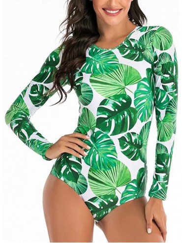 Cover-Ups Women's Athletic Swimsuit Long Sleeve Rash Guard Swimming Bathing Suit Swimwear - Green White Tropical Leaves - CT1...