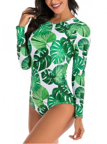 Cover-Ups Women's Athletic Swimsuit Long Sleeve Rash Guard Swimming Bathing Suit Swimwear - Green White Tropical Leaves - CT1...