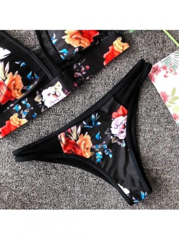 Sets Women Multicolor Floral Print Split Bikini Swimsuit Swimwear - Black - CN1947Y78DE $18.65
