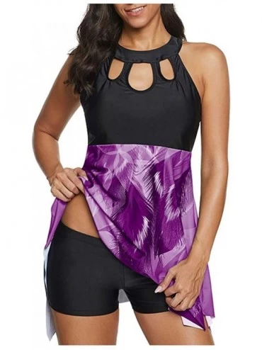 Sets Womens 2 Piece Cutout Hollow Round Neck Splice Plus Size Bikini Set Bathing Swimsuit Beachwear - Purple - C71947NITAL $3...