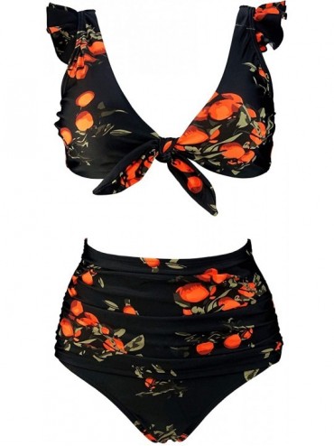 Sets Women's Retro Floral High Waisted Shirred Bikini Set Tie Front Closure Top Ruffle Swimsuit(FBA) - Black Tangerine - CL18...
