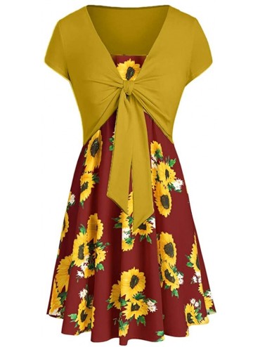 Cover-Ups Women's Short Sleeve Bow Knot Cover Up Tops Sunflower Print Midi Dress - Z-1 Yellow Red - CQ18RAGXH4A $35.89