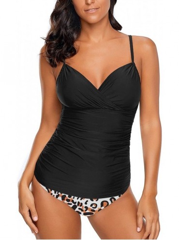 Sets Women's Ruched Wrap Front Tankini Set 2 Piece Swimsuit Beachwear - Leopard - C819D3DZ7HE $18.95