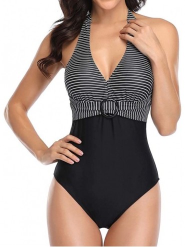 One-Pieces One Piece Swimsuits for Women Sexy V Neck Ruffled Flounce High Waited Swimsuit Vintage Plus Size Bathing Suits - C...