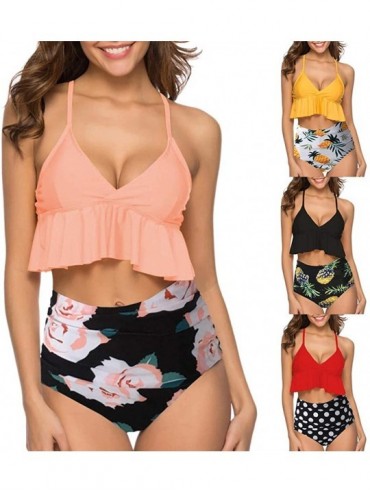 Sets Ruffle Swimsuits for Women High Waisted Two Piece Bathing Suits Off Shoulder Swimwear Ruffled Bikini Set - B-red - CC197...