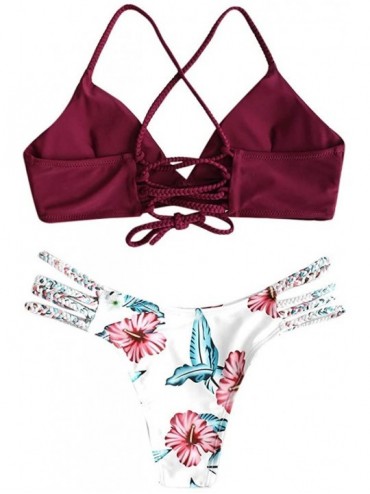 Sets Women Two Piece Swimsuit Crop Cut Wrap Bra Bandage Top with Flower Briefs Swimwear Bathing Suit Beach Wearing(FBA) Wine ...