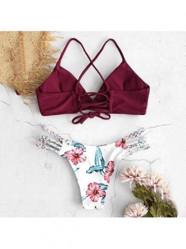 Sets Women Two Piece Swimsuit Crop Cut Wrap Bra Bandage Top with Flower Briefs Swimwear Bathing Suit Beach Wearing(FBA) Wine ...