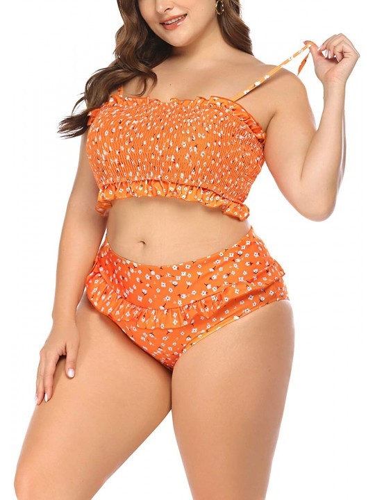 Sets Women Bikini Set Tummy Control Swimsuit Two Piece High Waist Floral Swimwear Plus Size - Style2-orange - C51943CUC6Q $25.53