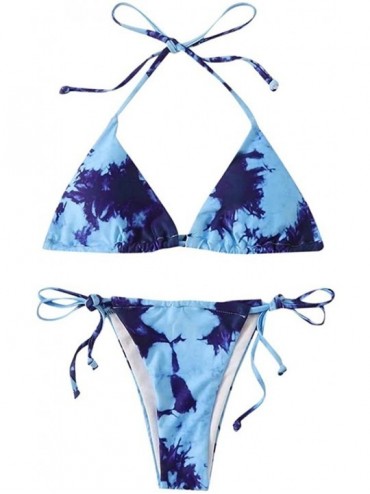Sets Printing Padded Push up Bikini Women Ribbed Bikini Cheeky Bottom v Neck Brazilian Top 2 Piece Bathing Suits A blue - CK1...