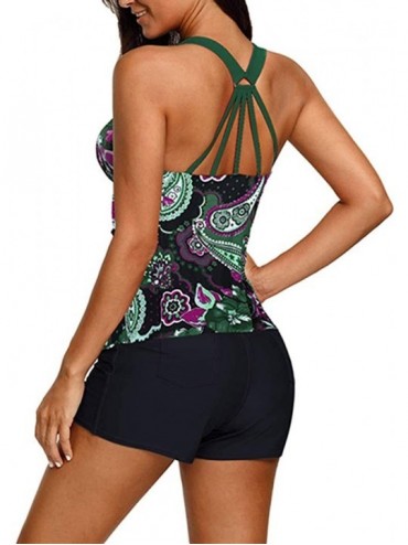 Tops Womens Striped Printed Flowy Tankini Swimsuit Swim Top M-3XL Plus Size - Green Floral - CI18X7M7NGQ $30.28