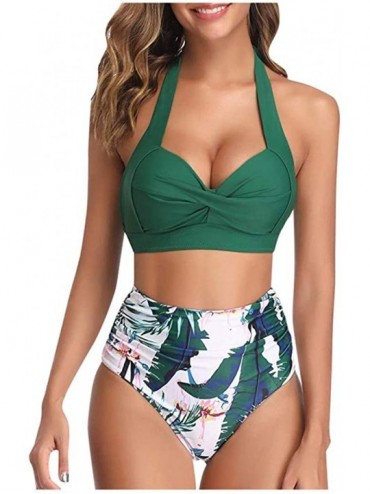 Bottoms Women High Waist Bikini Push Up Bikinis Print Swimsuit Female Beachwear Swimwear - V-dark Green - C11962GMCAK $26.31