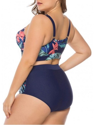 Sets Women's Plus Size Bikini Set Floral Print High Waisted Swimsuit Tummy Control 2 Pieces Bathing Suit - Blue Floral - C519...