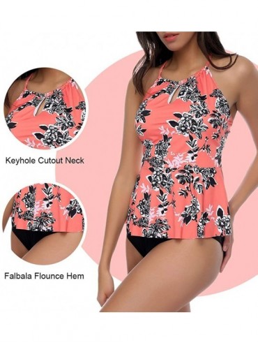 One-Pieces Women's Leaves Print Halter High Neck Two-Piece Swimsuit Beach Swimwear Bathing Suit - Orange - CT189UMI8ZC $36.50