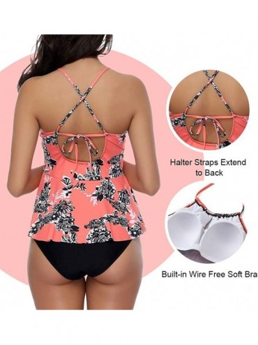 One-Pieces Women's Leaves Print Halter High Neck Two-Piece Swimsuit Beach Swimwear Bathing Suit - Orange - CT189UMI8ZC $36.50